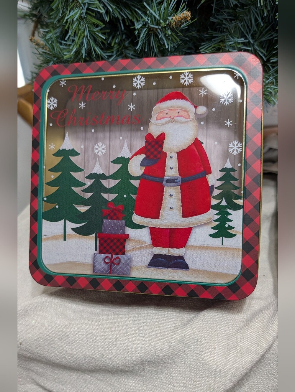 Santa Claus Tin Window Clear Lid Christmas Holiday Square Buffalo Check Red Gift